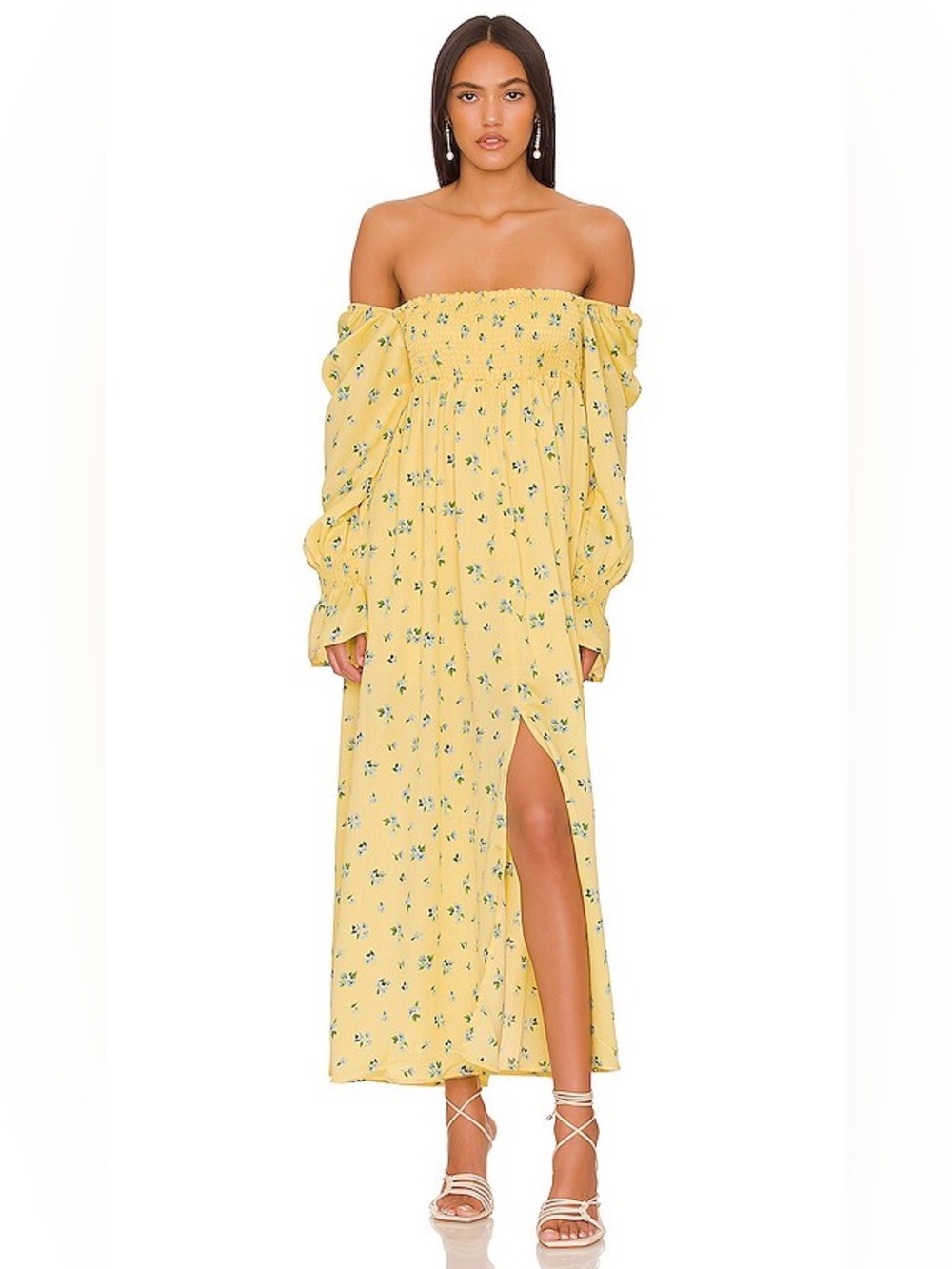 WeWoreWhat Yellow Blue Floral Smocked Cottage Milkmaid Maxi Dress Womens Small